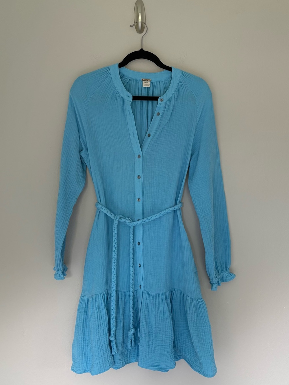 Magaschoni Organic Cotton Double Gauze Button Front Belted Dress Sky Blue XS